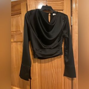 Cropped cowl neck satin top with belled sleeves